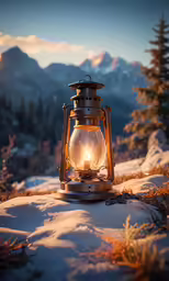 an old lantern sitting in the snow by some trees