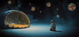 a young child looking at something in front of a tent