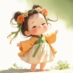 a little girl that is walking around wearing a dress