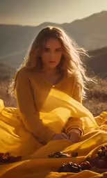 a girl in a yellow dress sitting on the ground