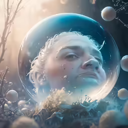a boy with white hair inside of a bubble