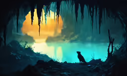 a dog in a cave under some ice hanging