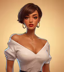 a female in a white shirt posing for a picture,this is a very pretty animated image of a woman in a short dress