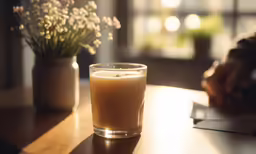 a beverage sits on a wooden table next to a flower pot
