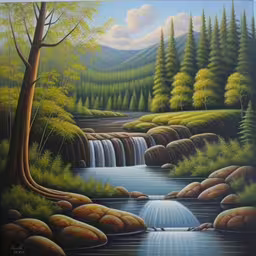 a painting of a river with trees and rocks,a painting that shows a mountain and river,there is a painting on the wall of a waterfall,a painting shows a mountain stream flowing down the mountain side,a painting depicting a stream with a waterfall flowing down it