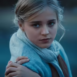 a woman wearing a blue coat and scarf is standing in the cold