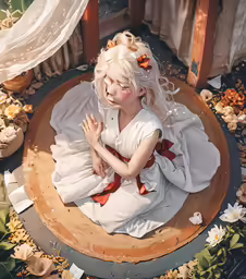 an artistic photo of a young girl in white dress laying on a bed