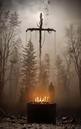 a cross on a snowy hill with the light of the cross