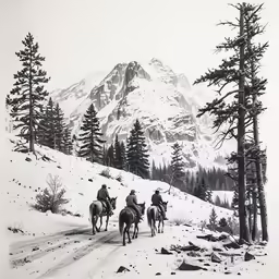 several horses that are in the snow near trees