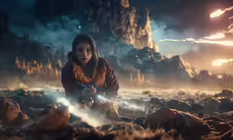 the woman is kneeling down with an object in her hand