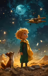 a boy with a dog staring at an airplane