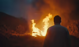 the man is watching a large fire burning near him