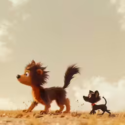 a dog is running next to a cat