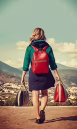 a woman wearing a red backpack and carrying two purses walking down the hill