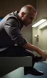 a man sits on top of a desk tying his shoes