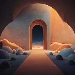 an arched doorway that leads to another area and has a path between the entrance and the road