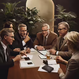 six business people are having a conversation around a large wooden table
