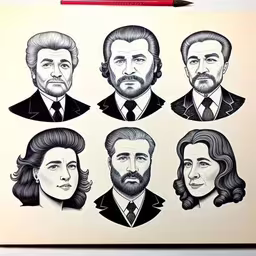 a drawing of the faces of the famous tv characters,the last few presidents are shown on this drawing,a sheet of paper with several pictures of people,a drawing depicting the presidents of the united states,a piece of paper with black and white photos of politicians