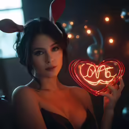 woman holding light up heart in room decorated with christmas lights