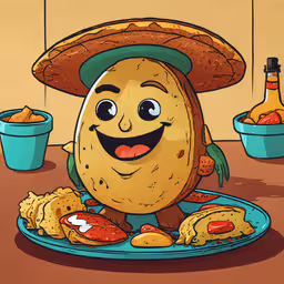 a happy egg with a mexican hat eating,a cartoon potato is holding hotdog buns on a plate