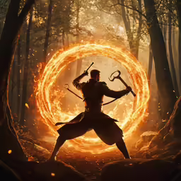 a person in a ring with two weapons and fire