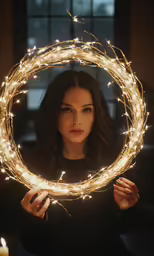 the woman is holding out her hand with her reflection