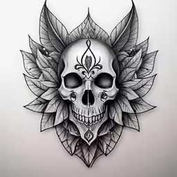 a skull with leaves on it and a rose