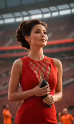 a woman in a red dress holding an award