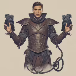 a man in medieval armor holds up two birds