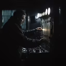 the man is lighting up some switch buttons