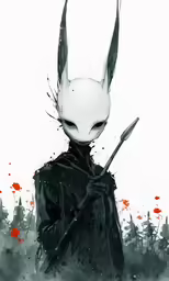 a character with long horns wearing a black coat and holding a large sword