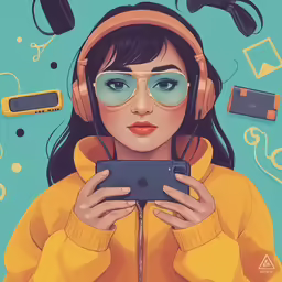 a woman wearing headphones and glasses holds a tablet