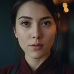 a young woman with blue eyes staring directly