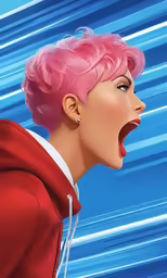 pink haired girl wearing a red jacket screaming