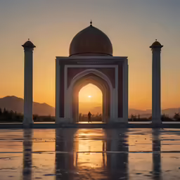 a couple stands at the end of an outdoor archway at sunset