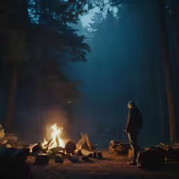 man standing in a dark forest at a campfire