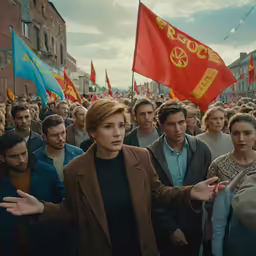 a crowd of people standing and listening to each other