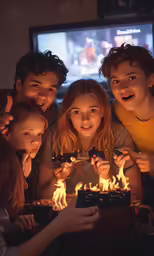 five friends sitting on the floor around a birthday cake