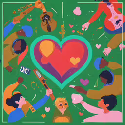 a colorful poster depicting people holding a heart,a painting of people with a big heart