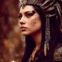a woman with long hair and feather dress with feather headdress