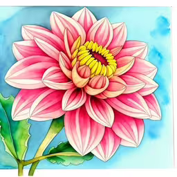 this is a watercolor drawing of a flower,a drawing of a lotus flower with its blooming,this is an art work titled water lily,a large pink flower with some green leaves,an image of a pink flower with green leaves