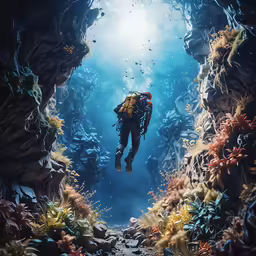underwater scuba diver ascending from the bottom of an aquarium