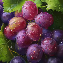 grapes with water droplets on them hanging from the vine,a painting of grapes with water drops