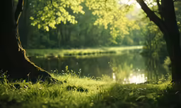 a lake surrounded by trees in the forest
