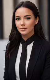 the brunette model has a black suit and white blouse