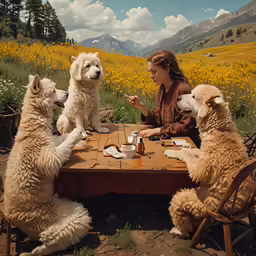 three dogs sitting at a picnic table with one woman eating while four others drink