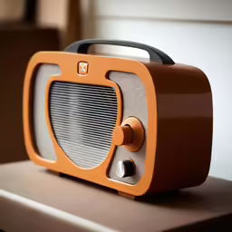 an orange and white radio is on a wooden shelf