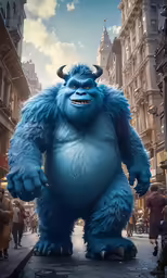 a blue monster is standing in the middle of a busy street