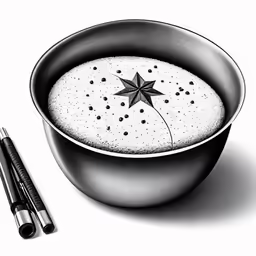 a drawing of a bowl with a spoon and pen