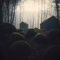 there are many mossy rocks in front of this dark forest